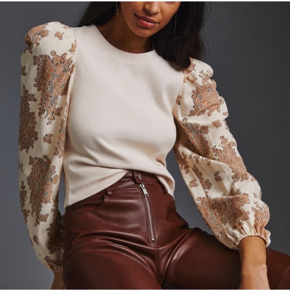 Dolan Left Coast Collection Anthro Women's‎ M Cream Top Floral Lace Puff Sleeve